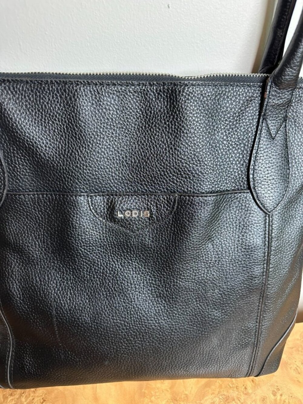 Lodis Black Pebbled Leather Tote Bag Shoulder Purse Floral Lining Work Travel - Picture 3 of 9